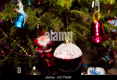 Nouvel an ou Noël en direct décoré avec élégance épinette gros plan - grand-père givre et rouge-blanc boule de verre sur le fond des branches vertes Banque D'Images