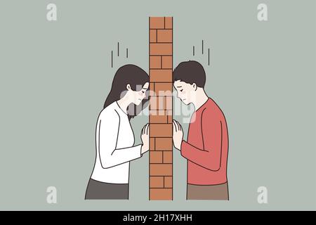 Jeune couple malheureux séparé par un mur de briques.Bouleversé homme et femme amoureux divisés, ont des problèmes de relation.Rupture, divorce, séparation.Malentendu dans la famille.Illustration vectorielle. Illustration de Vecteur