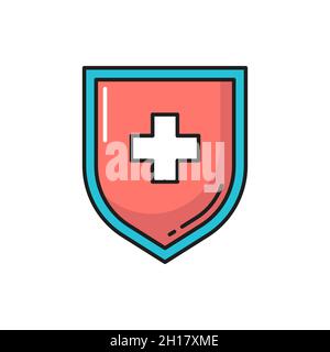 Bouclier avec icône de ligne de couleur isolée croisée médicale.Virus vecteur, probiotique, lactobacillus et prébiotique bactéries gardien badge.Protection de la santé, guérir Illustration de Vecteur