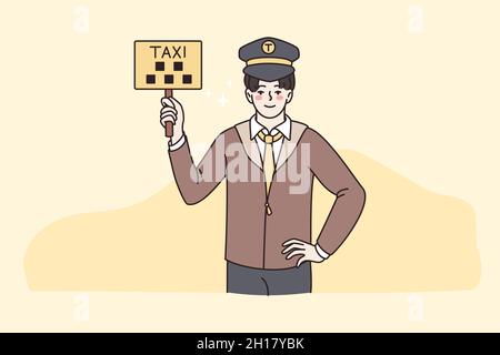 La plaque d'identification du chauffeur de taxi souriant offre des services de bonne qualité aux clients.Un chauffeur heureux vous conseille de prendre une voiture.Transport privé, option taxi.Illustration vectorielle plate. Illustration de Vecteur