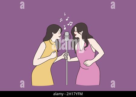 Les femmes souriantes entre amis se amusent à chanter dans le microphone. Détendez-vous dans le bar karaoké.Joyeux chanteuses millénaires chanteuses de préforme en duo, repos sur scène.Artiste, passe-temps, concept de musique.Illustration vectorielle. Illustration de Vecteur