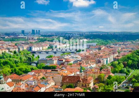 Dessin aquarelle de Top vue panoramique aérienne du centre-ville historique de Prague avec des bâtiments de toit en tuiles rouges dans la ville de Mala Strana Lesser et Smichov Banque D'Images