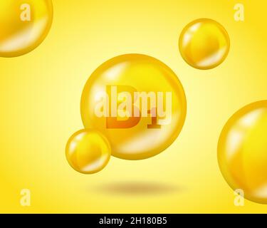 Capsule de pilule de thiamine 3D Vitamin Drop B1.Illustration réaliste de la conception du complexe vitaminique de la thiamine B1.Conception de la nutrition de médicament jaune. Illustration de Vecteur