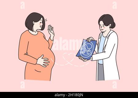 Le médecin montre une image échographique de la future mère dans l'armoire de l'hôpital.Infirmière ou gynécologue de sexe féminin montrer la photo de bébé à la femme enceinte.Grossesse, fertilité, traitement fiv.Illustration vectorielle. Illustration de Vecteur