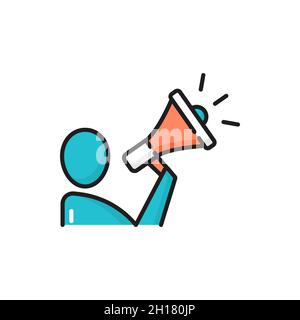 Le haut-parleur d'homme d'affaires annonce l'actualité dans l'icône de ligne de couleur isolée de haut-parleur.Vector personnage support Center worker donne des messages d'information dans méga téléphone.B Illustration de Vecteur