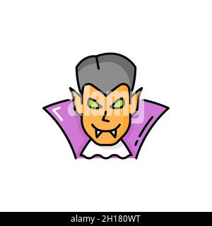 Vampire Dracula en costume isolé ligne de couleur icône.Vecteur mâle dans le cap, vampire tête de monstre mort avec fangs et des oreilles pointues dans le tissu de carnaval.Hallo Illustration de Vecteur