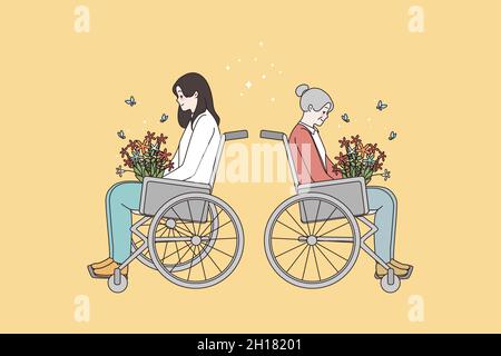 Les femmes handicapées en fauteuil roulant se sentent joyeuses et flattées par un bouquet floral.Les femmes souriantes handicapées ou traumatisées avec des fleurs printanières.Besoins spéciaux.Illustration vectorielle. Illustration de Vecteur