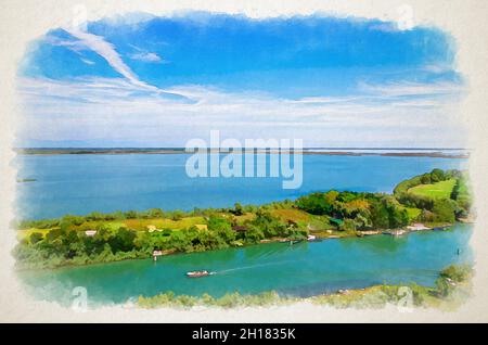 Dessin aquarelle d'une vue aérienne des îles de Torcello, canal d'eau avec bateaux à moteur de pêche et arbres verts.Vue panoramique sur la lagune vénitienne.Vénétie Banque D'Images