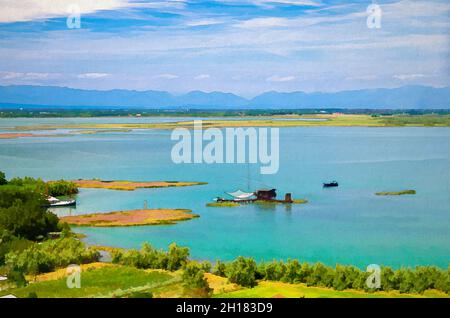 Dessin aquarelle d'une vue aérienne des îles de Torcello, maison traditionnelle de station de pêche avec fishnet dans l'eau de la lagune vénitienne.Région de Vénétie, Nort Banque D'Images