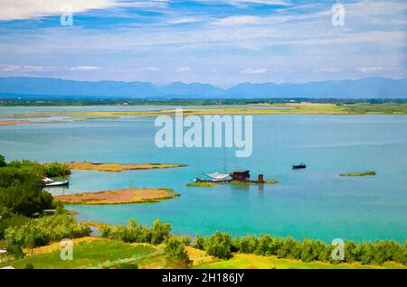Dessin aquarelle d'une vue aérienne des îles de Torcello, maison traditionnelle de station de pêche avec fishnet dans l'eau de la lagune vénitienne.Région de Vénétie, Nort Banque D'Images