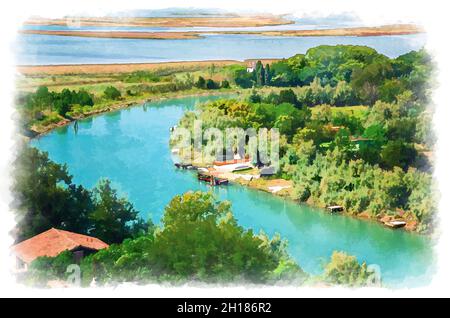 Dessin aquarelle d'une vue aérienne des îles de Torcello, canal d'eau avec bateaux de pêche, arbres verts et buissons, marais.Vue sur la lagune vénitienne depuis bel Banque D'Images