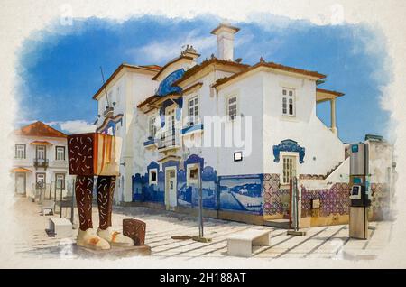 Dessin aquarelle de la gare d'Aveiro, gare centrale azulejos-bâtiment de la gare carrelée dans le centre-ville avec des arbres verts, ciel bleu blanc nuages backgroun Banque D'Images