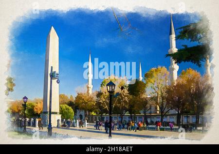 Dessin aquarelle d'Istanbul: Mosquée Sultan Ahmed Mosquée bleue avec minarets, Obélisque de Theodosius Dikilitas et les touristes marchant le long de la rue piétonne Banque D'Images