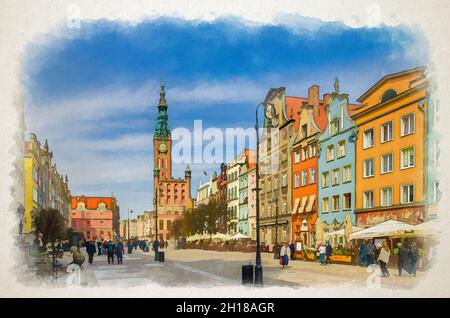 Dessin aquarelle du paysage urbain de Gdansk avec des gens touristes marchant sur Dluga long marché rue piétonne Dlugi targ place, Hôtel de ville et typique Banque D'Images
