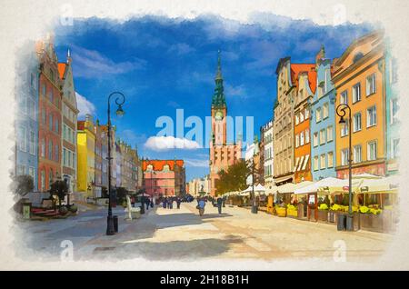 Dessin aquarelle du paysage urbain de Gdansk avec des gens touristes marchant sur Dluga long marché rue piétonne Dlugi targ place, Hôtel de ville et typique Banque D'Images