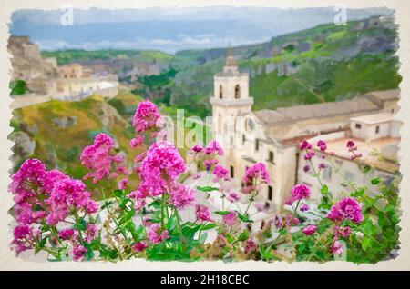 Dessin aquarelle de fleurs de rose rouge et vue floue sur l'arrière-plan de l'église Chiesa San Pietro Caveoso, canyon et ravin avec grottes dans le CEN historique Banque D'Images