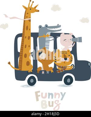 Joli bus londonien avec des animaux dans des tons pastel.Lion cub, crocodile, girafe, ours illustration pour nouveau-né.Illustration avec douche de bébé mignonne Illustration de Vecteur
