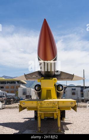 Un Boeing CIM-10 Bomark supersonique missile antiaérien de surface à air à longue portée au Hill Aerospace Museum. Banque D'Images