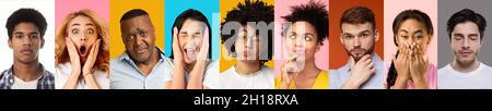 Ensemble d'émotions humaines différentes avec des personnes diverses Portraits sur le fond cororful Banque D'Images