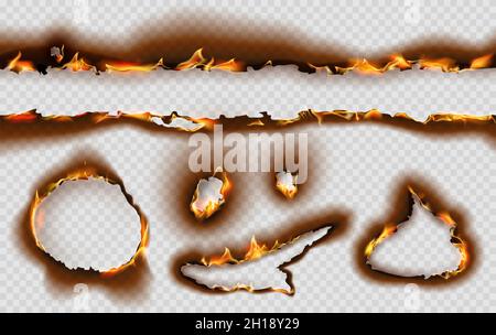 Des bords de page en papier et un trou au feu réalistes.Effet de parchemin brûlé avec flamme et cendres.Jeu de vecteurs de texture de papier déchiré et corché Illustration de Vecteur