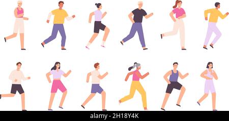 Personnages d'athlète de dessin animé, jogging, marathon de course ou course.Coureurs sur l'événement sportif.Une activité saine.Jeu de vecteurs d'exercice de personnes Illustration de Vecteur