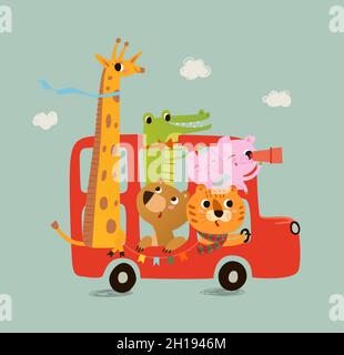 Joli bus londonien avec des animaux dans des tons pastel.Lion cub, cochons. Crocodile, girafe, ours.Illustration vectorielle pour nouveau-né.Illustration avec mignon Illustration de Vecteur