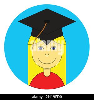 Fille blonde avec une étiquette d'autocollant rond de chapeau de graduation Illustration de Vecteur