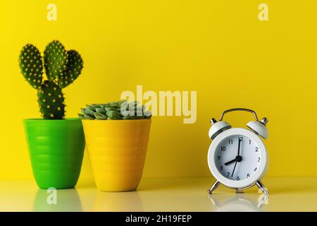 Réveil blanc avec cactus en pot sur un bureau en bois.Concept de temps minimal. Banque D'Images