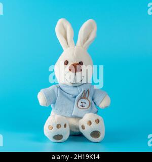Jolie poupée de lapin sur fond bleu.Concept de Pâques minimal. Banque D'Images