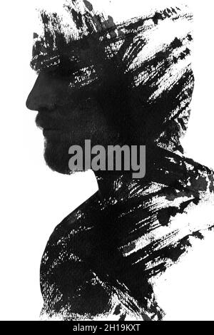Peinture.Portrait noir et blanc d'un homme combiné à des traits d'encre. Banque D'Images