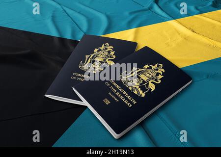 Passeport des Bahamas avec drapeau des Bahamas , Citoyenneté par investissement Banque D'Images