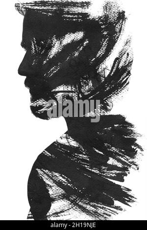 Un portrait noir et blanc d'un homme combiné à divers traits d'encre abstraits.Peinture. Banque D'Images