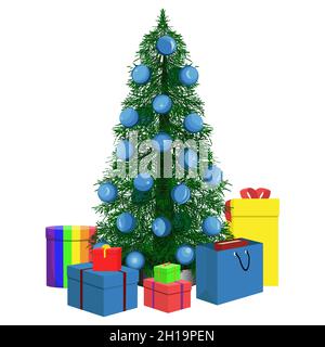 Un arbre de Noël décoré de boules bleues et entouré de boîtes cadeaux de différentes couleurs Illustration de Vecteur