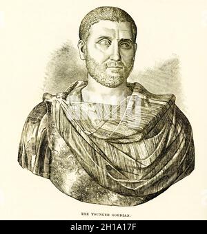 La légende de 1884 de cette illustration se lit comme suit : Gordian plus jeune - buste du Capitole des Empereurs.Gordian III (né en 225) fut empereur romain de 238 à 244.À l'âge de 13 ans, il devint le plus jeune empereur romain unique.Gordian était le fils d'Antonia Gordiana et de Junius Balbus qui mourut avant 238. Antonia Gordiana était la fille de l'empereur Gordian I et la jeune sœur de l'empereur Gordian II Banque D'Images