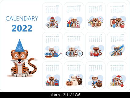 Modèle de conception de calendrier pour 2022 année de bleu Tiger chinois nouvelle année.Illustration à plat de stock vectoriel.Mois de dessin animé pour le calendrier Illustration de Vecteur