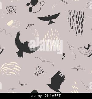 Motif vectoriel sans couture avec oiseaux et taches.Arrière-plan abstrait dessiné à la main. Illustration de Vecteur