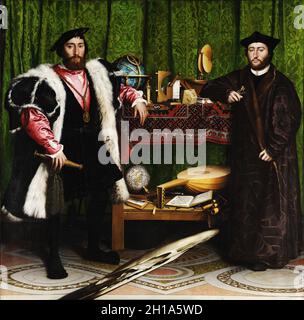 Les Ambassadeurs de Hans Holbein le plus jeune.L'étrange objet blanc qui s'exécute en diagonale au bas de l'image est un exemple d'anamorphose - quand il est vu d'un angle extrême, il révèle un crâne humain Banque D'Images