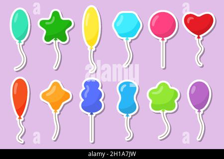 Étiquette autocollante pour ballon.Décor pour anniversaire et fête.Balles volantes avec corde.Ballons colorés isolés sur fond violet.Objet de dessin animé pour célébration, publicité, anniversaire, carte.Vecteur Illustration de Vecteur