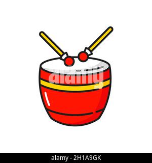 Taiko o-kedo tambour instrument chinois de percussion à fourche avec pilons icône de ligne de couleur isolée.Vector lunar nouvel an fête fête comédie musicale lion Illustration de Vecteur