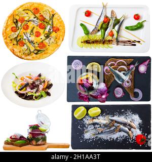 Des plats délicieusement accompagnés de chinchard et de sardines dans des assiettes isolées Banque D'Images