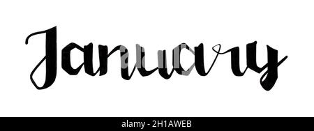 Mot-lettrage dessiné à la main janvier.Inscription à la brosse à encre pour l'hiver.Le mois est janvier pour le calendrier.Phrase manuscrite pour la bannière, Banque D'Images