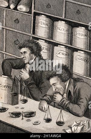 Gravure de deux hommes à un comptoir dans un magasin de vente au détail de thé et de café utilisant des balances pour mesurer des grains de café, vers 1805 Banque D'Images