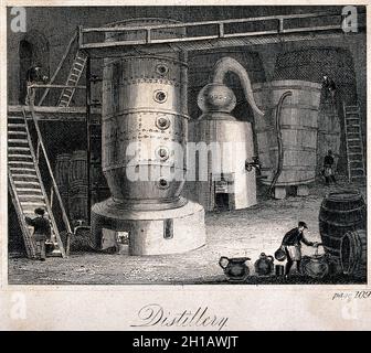 Gravure d'une distillerie industrielle, en Écosse, au début du XIXe siècle. Banque D'Images