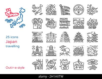 Japon Voyage contour icône vecteur illustration set.Pixel Perfect.include les icônes en bois souhaitant pendaison, chat chanceux, bain public de source chaude, koinobor Illustration de Vecteur