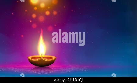Illustration festive Happy diwali.Carte de rêve de Diwali.Modèle de conception avec lampe, lumières dorées, fond coloré.Arrière-plan bleu magenta Banque D'Images