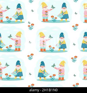 Jolis gnomes fleurs arroantes motif sans couture.Imprimé vectoriel de style plat Illustration de Vecteur