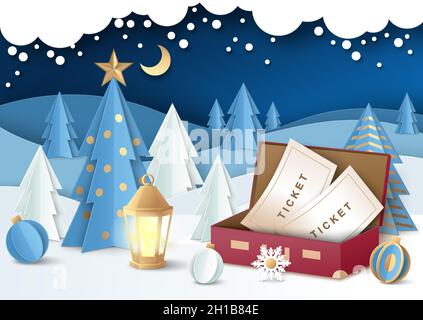 Billets de voyage en boîte, paysage forestier de nuit d'hiver, illustration de papier vectoriel.Visite de Noël, vacances d'hiver. Illustration de Vecteur