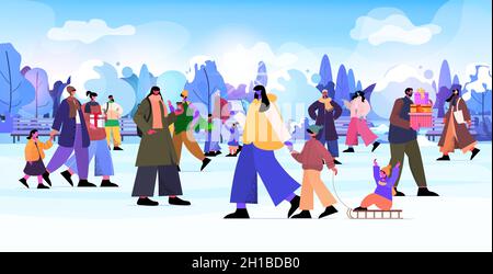 les personnes avec des enfants marchant dans le parc urbain noël nouvel an vacances célébration concept paysage d'hiver Illustration de Vecteur