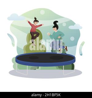 Trampoline.Illustration de couleur plate isolée.Cours scolaires.Maman et fille sautent sur un trampoline. Illustration de Vecteur