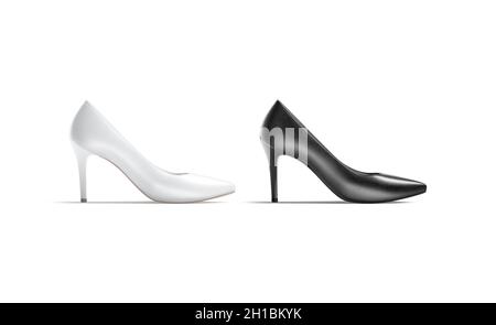Maquette de chaussures à talons hauts, noir et blanc, vue de profil, rendu 3d.Bottes à talons hauts vides, modèle isolé.Chaussures femme classiques transparentes pour Banque D'Images